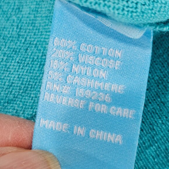 J. Mclaughlin Sweater Medium Knit Top Scalloped Hem Turquoise Cotton Cashmere - Picture 7 of 10